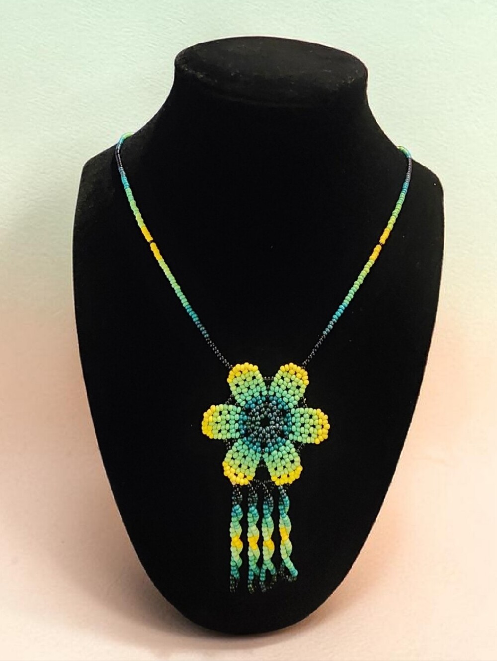 🌼 Handmade Huichol Beaded Necklace – Yellow & Turquoise Flower Design